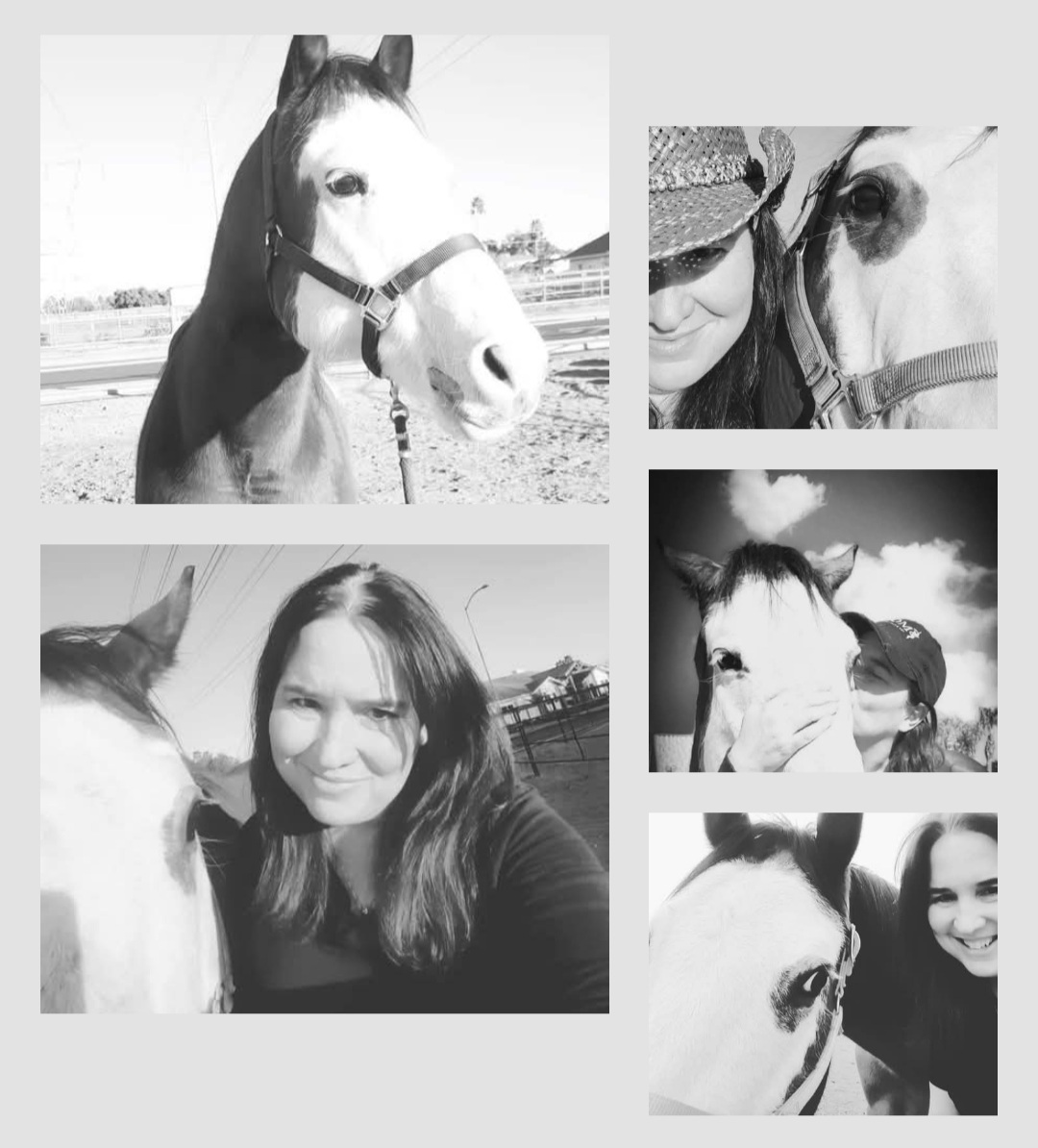 Dr. Brown and her horse Wyatt black and white photo collage