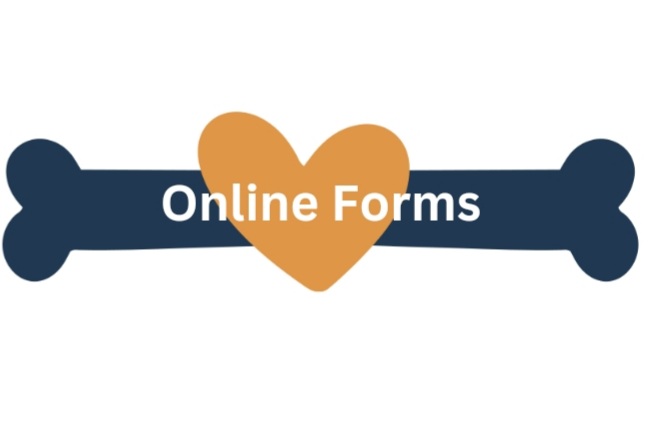 Online forms logo with blue dog bone and gold heart link