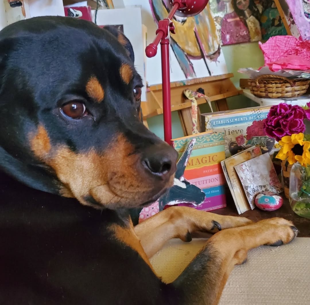 Photo of Dr. Browns Rottweiler in her art studio Photo of Dr. Browns Rottweiler in her art studio